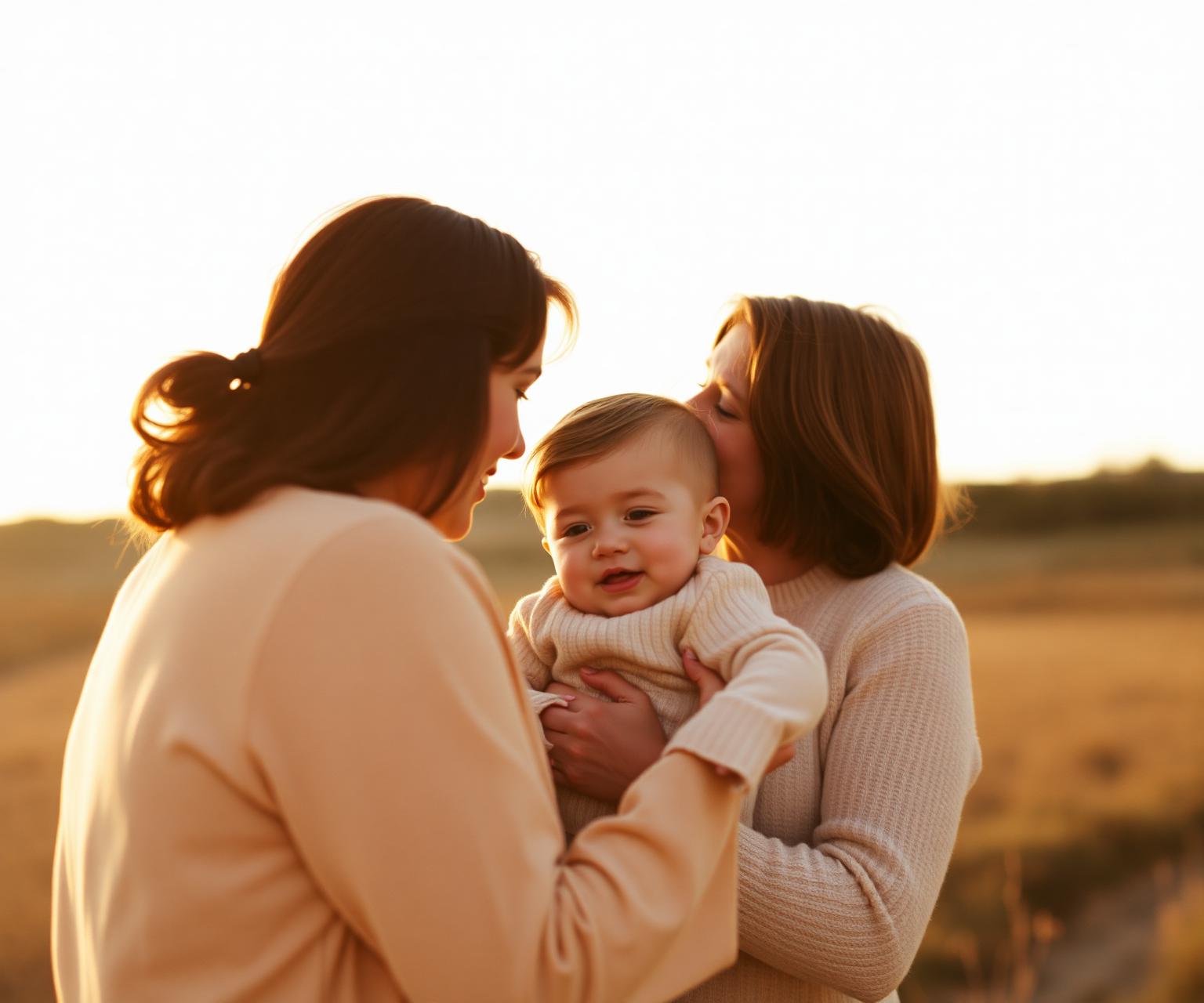 A mother kissing her child at golden hour
