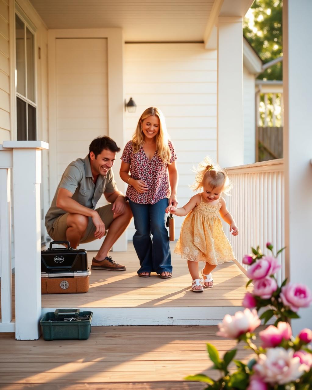 The Hendersons on their front porch — Mae taking her first steps